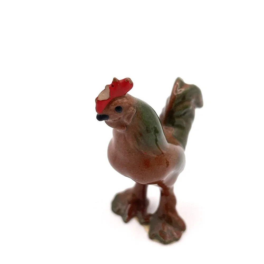 Rooster Hen Chicken Figurine Set Ceramic Miniature Farm Birds Pair